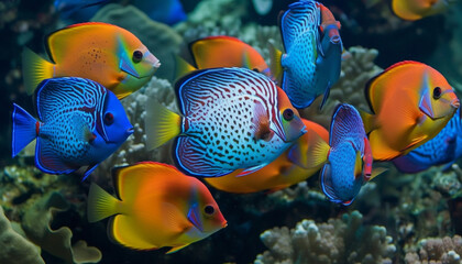 Fototapeta na wymiar Colorful underwater school of fish in Caribbean reef generated by AI