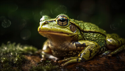 Slimy green toad sitting in wet grass generated by AI