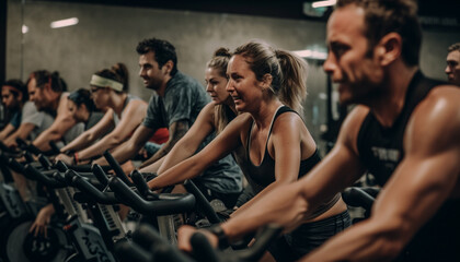 Men and women in gym cycling together happily generated by AI - obrazy, fototapety, plakaty