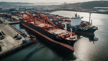 Container ship carrying cargo unloading at commercial dock generated by AI