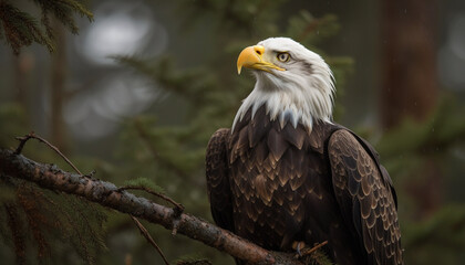 Majestic bald eagle perching on tree branch generated by AI