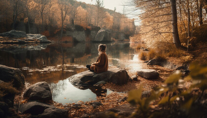 Meditating outdoors surrounded by autumn tranquil beauty generated by AI