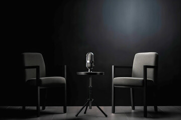 Wood chairs and microphone for podcast studio office