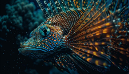 Multi colored lionfish swims in coral reef seascape generated by AI
