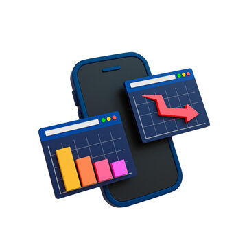 3d minimal data analysis icon. soaring finances. stock up. Strengthening currency. smartphone with bar graph and arrow down. 3d illustration.