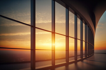 Golden sunset view window from office building with cityscape. Flawless Generative AI