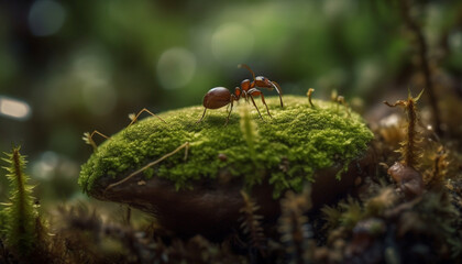 Close up of green ant carrying food through water generated by AI