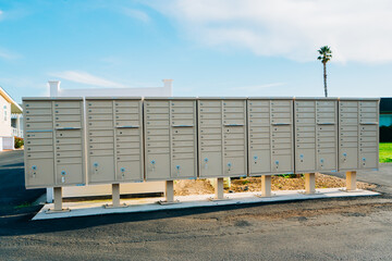 Metal mailboxes outdoor in small mobile home community somewhere in small town, California