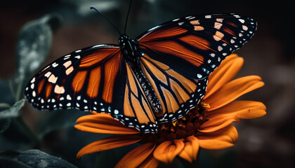 Fototapeta na wymiar Vibrant monarch butterfly on yellow flower petal generated by AI