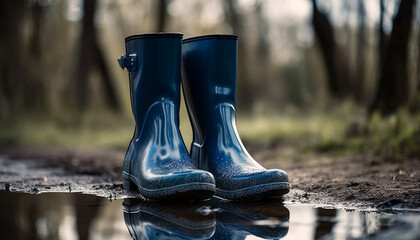 Muddy rubber boots reflect autumn nature scene generated by AI