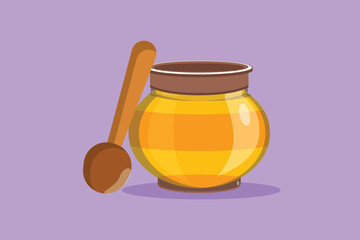 Character flat drawing fresh sweet natural gold honey on glass jar with wooden dipper. Healthy natural food store organic supplement icon for cafe or food delivery. Cartoon design vector illustration