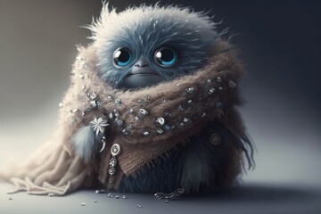 Cute Monster rocks a Designer Gown with Fur Stole and Diamond Bracelet in an Incredibly Detailed Cinematic Shot in 8K by Marcin Nagraba & Rebecca Millen on White Background with Little Owl Portrait in - obrazy, fototapety, plakaty