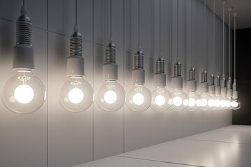 row of hanging light bulbs against a dark background. Generative AI
