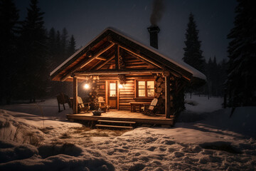 A snowy landscape with a cozy cabin. created using Generative Ai