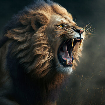 Close up portrait of a male lion roaring