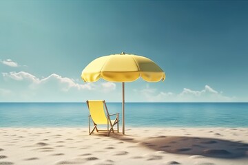Illustration of two beach chairs under a yellow umbrella on a sandy beach. Generative AI