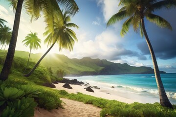 Fototapeta na wymiar Beach Paradise: Crystal Clear Turquoise Waters and Towering Palm Trees on a Serene Hawaiian Coastline 9