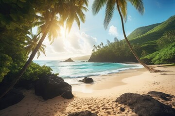 Fototapeta na wymiar Beach Paradise: Crystal Clear Turquoise Waters and Towering Palm Trees on a Serene Hawaiian Coastline 5