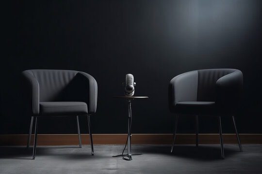 modern interior with armchair and microphone for podcast office