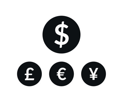 Dollar, Euro, Pound and Yen currency icons. USD, EUR, GBP and JPY money sign symbols  for web and app design