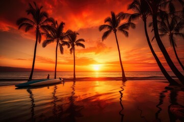 Fototapeta na wymiar Palm Trees and Surfboards: A Breathtaking Hawaiian Sunset 14