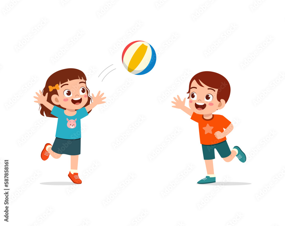 Sticker little kid playing volley ball with friend and feel happy