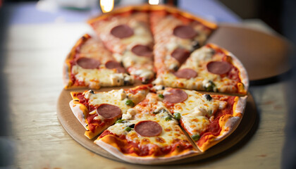 Pizza with a thin crust with cheese, bacon, pepper and herbs 10