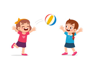 little kid playing volley ball with friend and feel happy