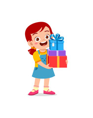 little kid holding stack of present box and walking