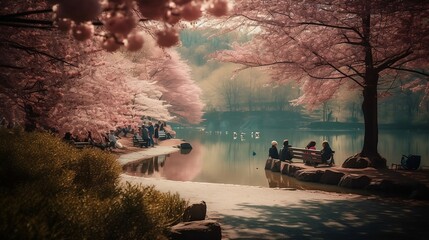 Park with lake and japanese cherry tree, AI Generative