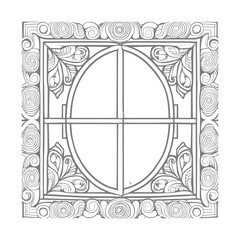 The pages of the vintage coloring book showcase a stunning open window with lovely flowers and leafs.