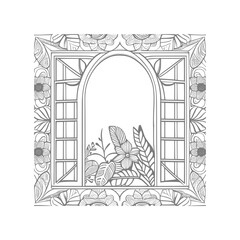 The pages of the vintage coloring book showcase a stunning open window with lovely flowers and leafs.