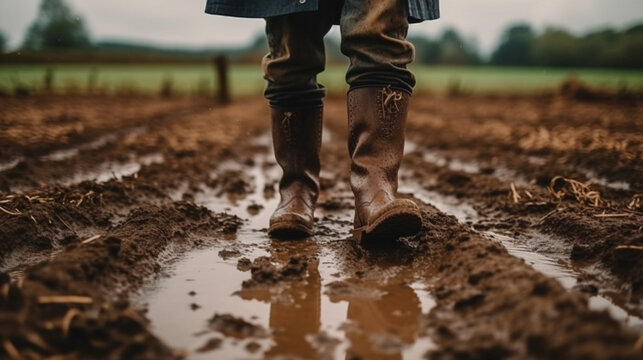 Close up of rubber boots in muddy field. Farmer inspects property after heavy rain and flooding.