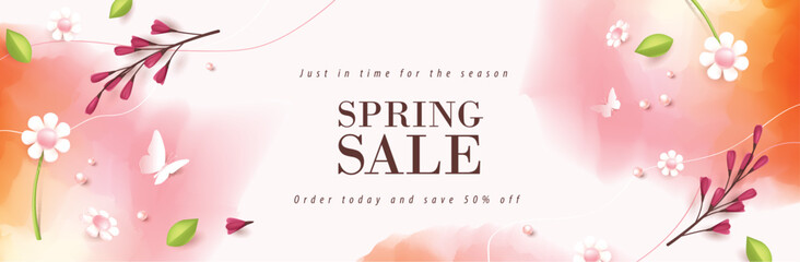 Spring Sale Header or Banner Design Promotion layout with fresh bloom flowers and butterfly elements