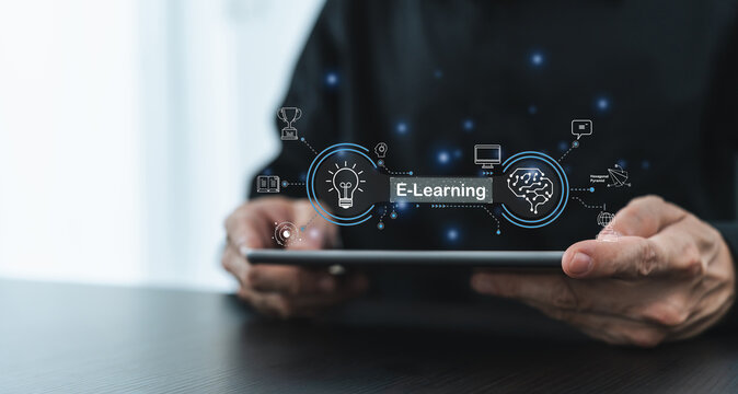 Businessperson or university student using tablet for online education learning or knowledge studying via internet at home. Distance learning and training course or class or e-learning via cyberspace