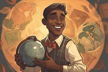 Male teacher holding a globe with illustrations of countries and cultures around him in an illustration. Generative AI
