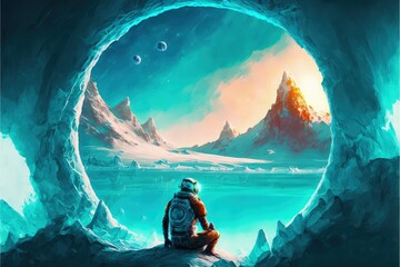 Astronaut exploring planet with luminous blue minerals on turquoise surface. Fantasy concept , Illustration painting. Generative AI