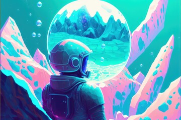 An astronaut investigating a planet with shining blue stones on a turquoise-colored terrain. Fantasy concept , Illustration painting. Generative AI