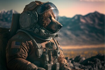 upscale masterpiece american grizzly bear wearing a flight suit he is a us air force drone pilot he sits at the console he has a square jaw the bear is a muscular and intense he takes steriods scary  - obrazy, fototapety, plakaty