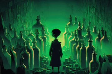 A gloomy setting showing a young boy wandering amidst multiple glowing green containers. Fantasy concept , Illustration painting. Generative AI