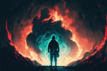 Courageous fireman holding an axe, bravely facing a terrifying explosion. Fantasy concept , Illustration painting. Generative AI