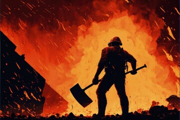 Obraz premium Courageous fireman holding an axe, bravely facing a terrifying explosion. Fantasy concept , Illustration painting. Generative AI
