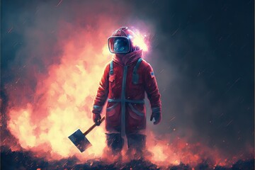 Obraz premium Courageous fireman holding an axe, bravely facing a terrifying explosion. Fantasy concept , Illustration painting. Generative AI