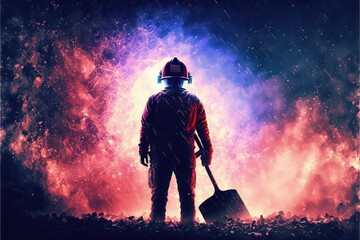 Naklejka premium A brave firefighter wielding an axe, fearlessly confronting a terrifying blast. Fantasy concept , Illustration painting. Generative AI