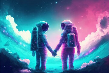 Two space explorers clasping hands with the Milky Way as their backdrop. Fantasy concept , Illustration painting. Generative AI