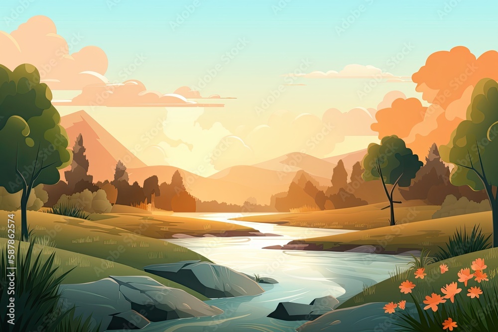 Poster serene river flowing through a vibrant green forest. Generative AI