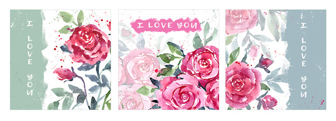 Romantic set of postcards with bouquets of red watercolor roses. Viva magenta roses on postcards, templates, text frames. A set of postcards with roses, I love you.