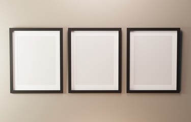 Vertical black three frames mock up. Black frames poster on beige wall. 3D illustrations