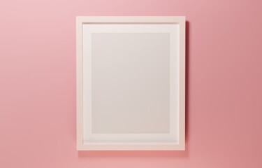 Vertical pink frame mock up. Pink frame poster on pink wall. 3D illustrations