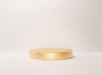 Gold empty podium or pedestal for product presentation. Round mockup platform on white background. 3D render